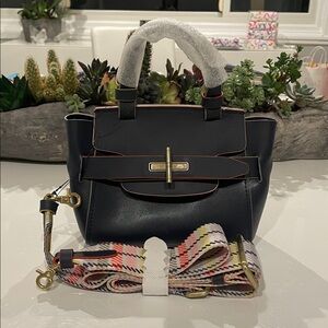 Zac Posen Brigette Belted Leather MINI Black Crossbody Bag with Multicolor Strap